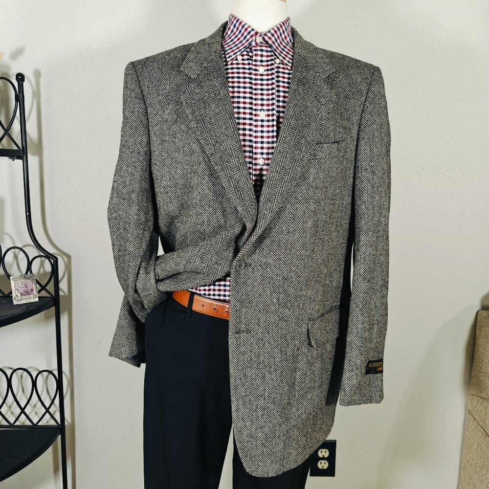 Monsieur Adolfo Men's Tweed Sport Coat Blazer Two Button Gray Herringbone‎ 46L